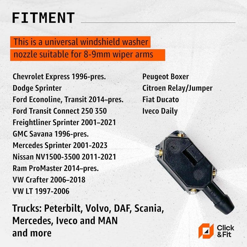 Click&Fit Windshield Washer Nozzles compatible with Ford Transit, Freightliner, Dodge Sprinter, VW Crafter, Peterbilt, 4-way nozzles for Wiper Arm 8-9mm (0.31-0.35in) including hose and check valves - Image 5